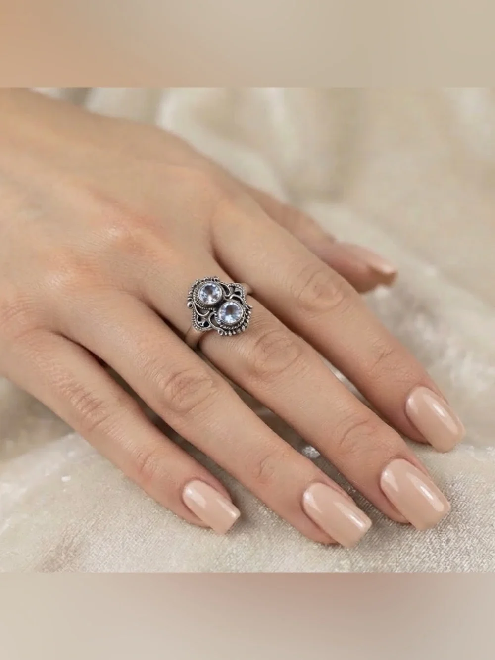 Sterling Silver Blue Topaz Ring - Boho Filigree 925